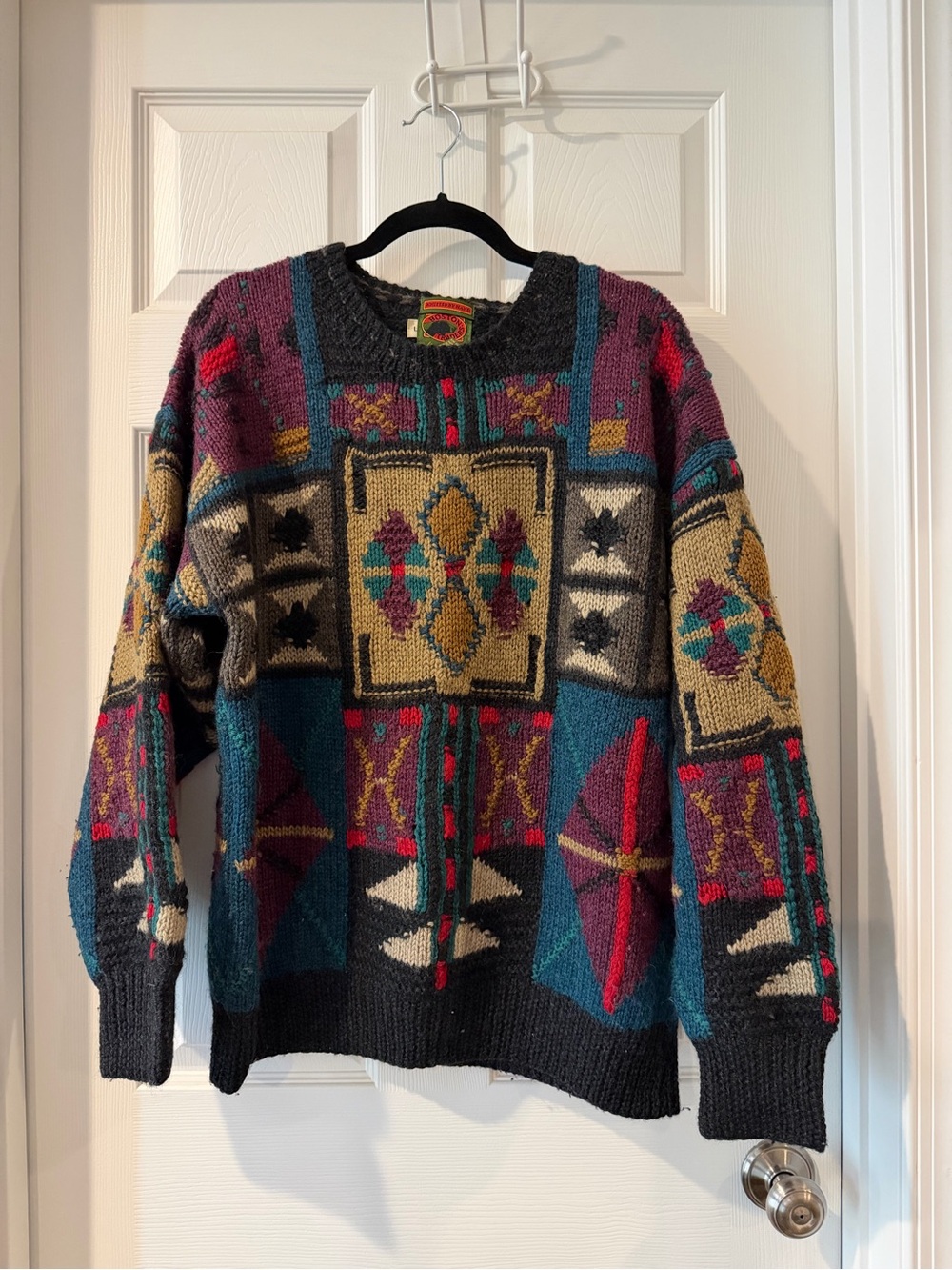 Vintage Geometric Knit Sweater in Teal, Burgundy, Mustard & Charcoal